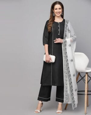 Black Plain Cotton Straight Kurta With Pant And Dupatta