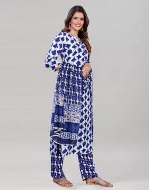 Blue And White Cotton Kurti with Pant And Dupatta