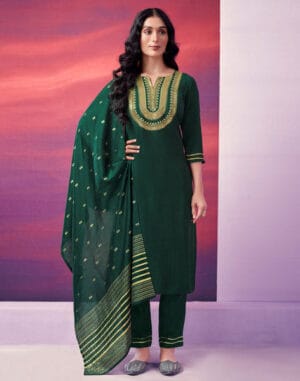 Bottle Green Embroidered Kurta With Pant And Dupatta