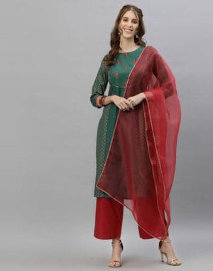 Dusty Green Kurti With Pant And Dupatta