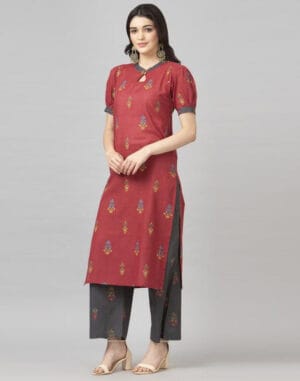 Maroon Coloured Cotton Table Printed Kurti With Palazzo