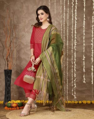 Pink Cotton Kurti With Pant And Dupatta