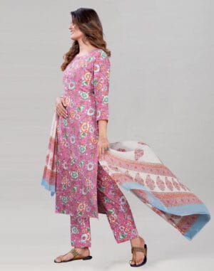 Pink Cotton Kurti with Pant And Dupatta