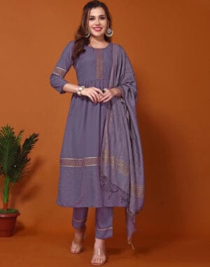 Purple Printed Flared Kurta Kurti With Pant And Dupatta
