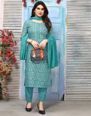 Rama Green Cotton Printed Straight Kurta With Pant And Dupatta
