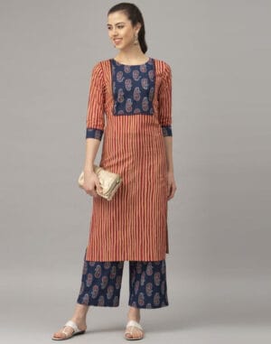 Red Stripe Coloured Cotton Blend Table Printed Kurti With Palazzo