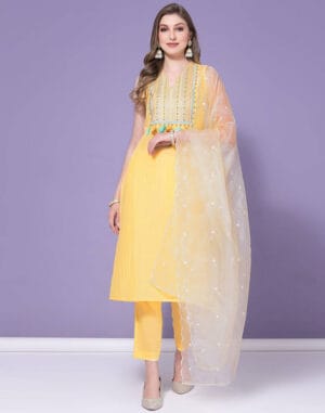 Yellow Embroidery Kurta with Pant and Dupatta
