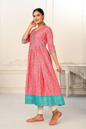 Pink Cotton Handprint Embroidered Kurtis