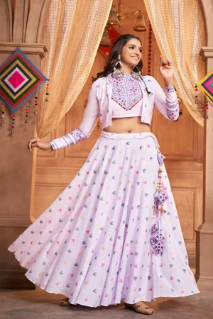 Lavender Jacquard Work With Koti Style Chaniya Choli For Navratri Festival